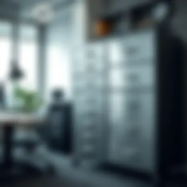 Sleek metal drawer set in an office space