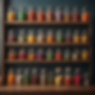 A beautifully arranged display of colorful spices in clear airtight apothecary jars on a wooden shelf