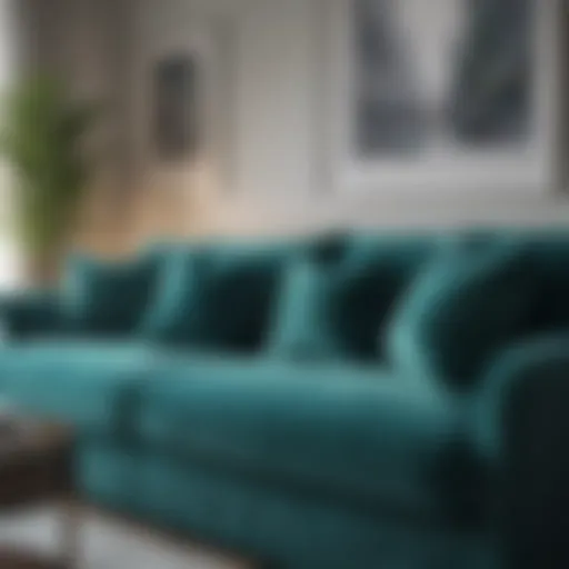 Elegant arrangement of blue green pillow covers on a luxurious sofa