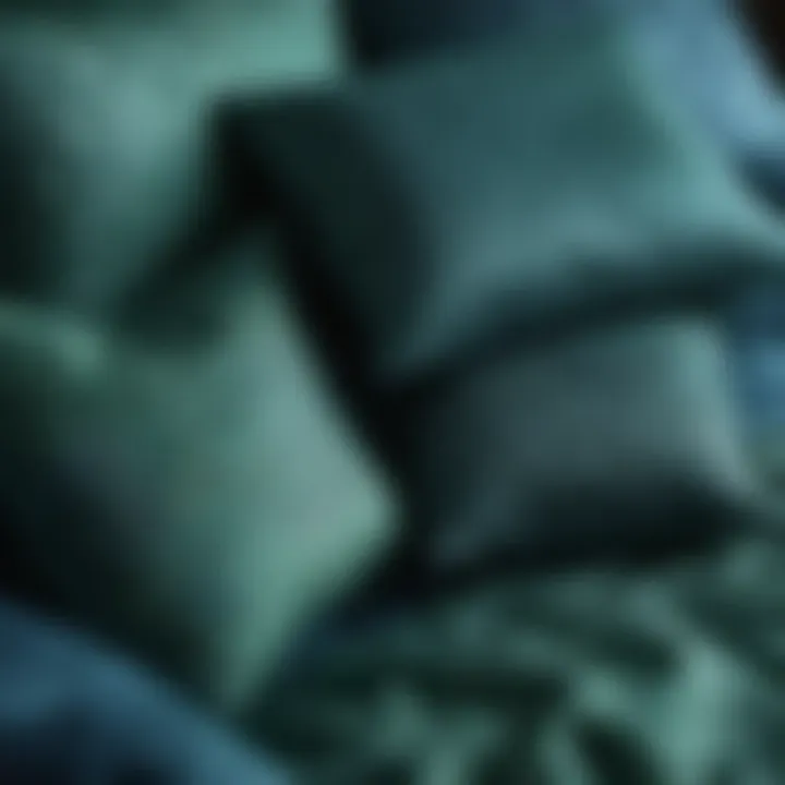 Close-up of various fabrics used for blue green pillow covers