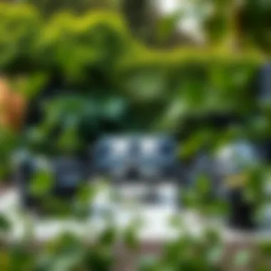 Sleek Black Patio Set Against Lush Greenery Elegant black patio seating set in a lush garden