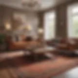 Elegant living room featuring a brown leather couch and a complementary rug