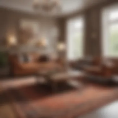 Elegant living room featuring a brown leather couch and a complementary rug