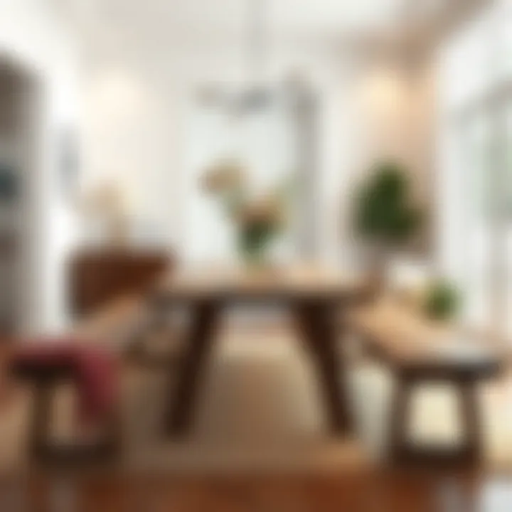 A modern dining area featuring a stylish wood table and complementary benches