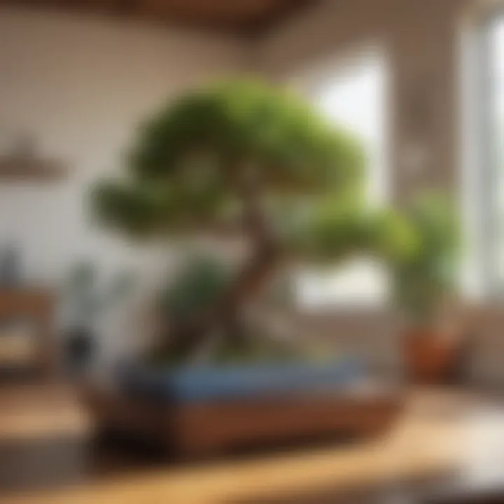 An indoor environment showcasing a ficus bonsai tree.