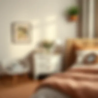 Cozy Bedroom with White Nightstand A cozy bedroom featuring a white nightstand with wooden accents, complemented by warm decor