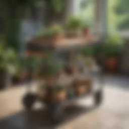 A beautifully designed outdoor cart showcasing various storage compartments filled with gardening tools and accessories.