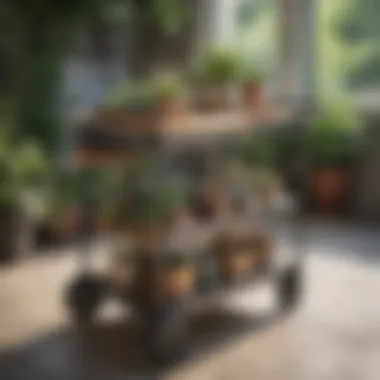 Elegant Outdoor Cart with Storage for Gardening Essentials A beautifully designed outdoor cart showcasing various storage compartments filled with gardening tools and accessories.