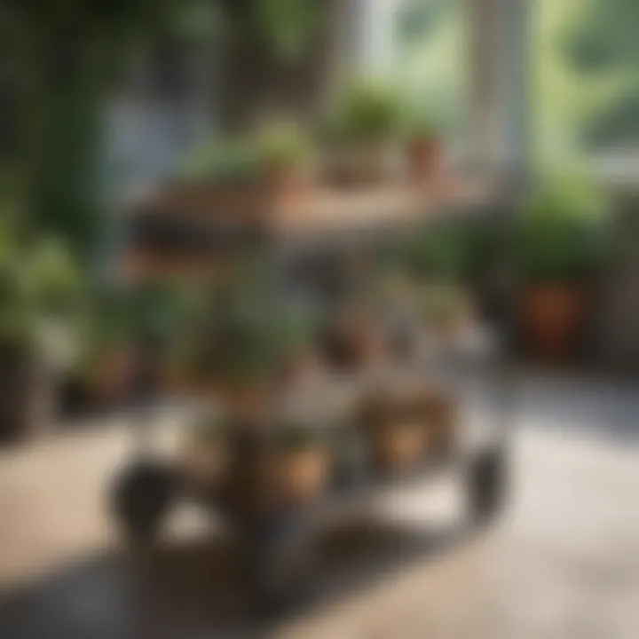 Elegant Outdoor Cart with Storage for Gardening Essentials A beautifully designed outdoor cart showcasing various storage compartments filled with gardening tools and accessories.