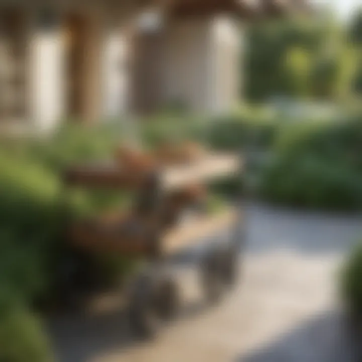 Seamless Integration of Outdoor Cart in Landscaped Environment An aesthetically pleasing outdoor setting with a cart that blends seamlessly with the landscaping, providing ample storage.