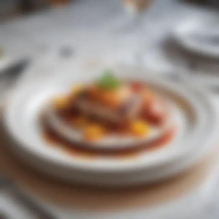 A close-up of a big dinner plate with artistic food presentation