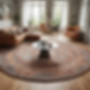 Large round rug defining areas within an open-plan living area