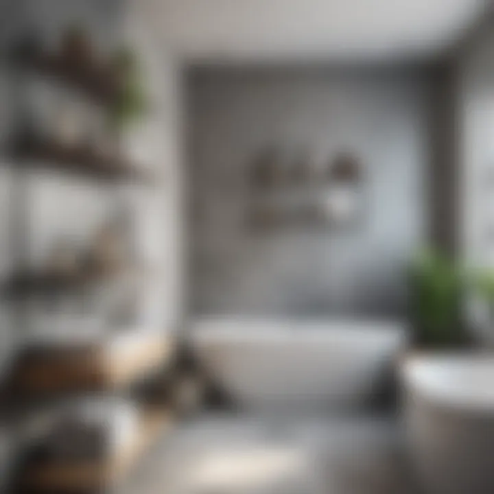 A beautifully arranged bathroom featuring wire shelving elements.