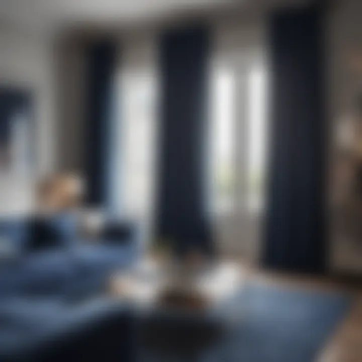 Stylish interior featuring navy blue curtains paired with neutral decor