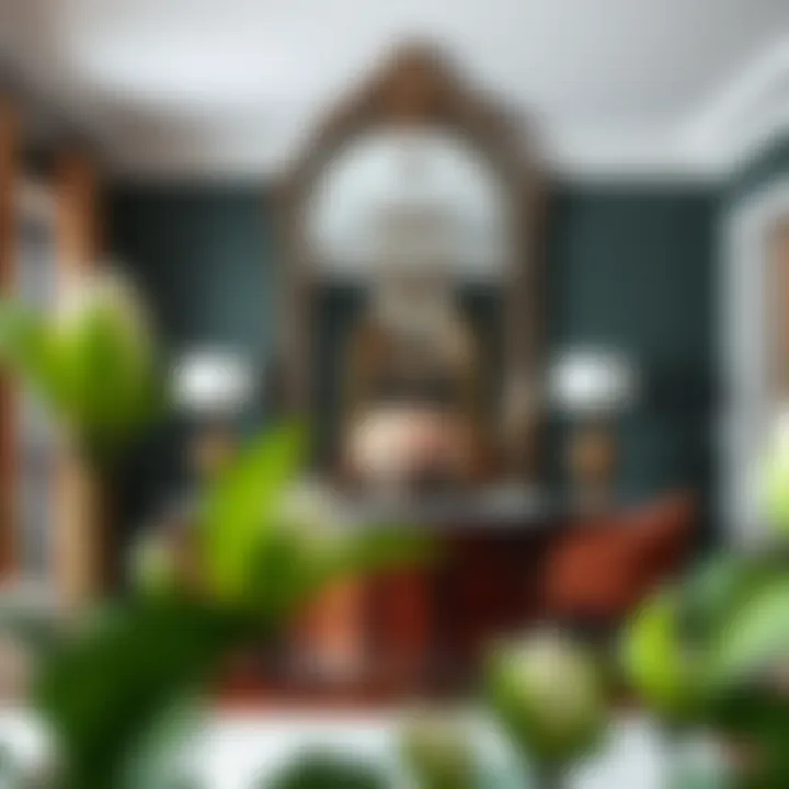 Statement Pieces: Mirrors in Dining Decor A stylish dining area with an ornate mirror serving as a stunning focal point above the sideboard.