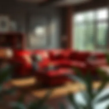 Cozy Living Area with Red Leather Furniture Cozy living area featuring a red leather sectional and accessories