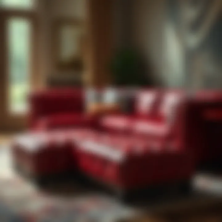 Chic Ottoman with Red Leather Sectional Stylish ottoman paired with red leather sectional